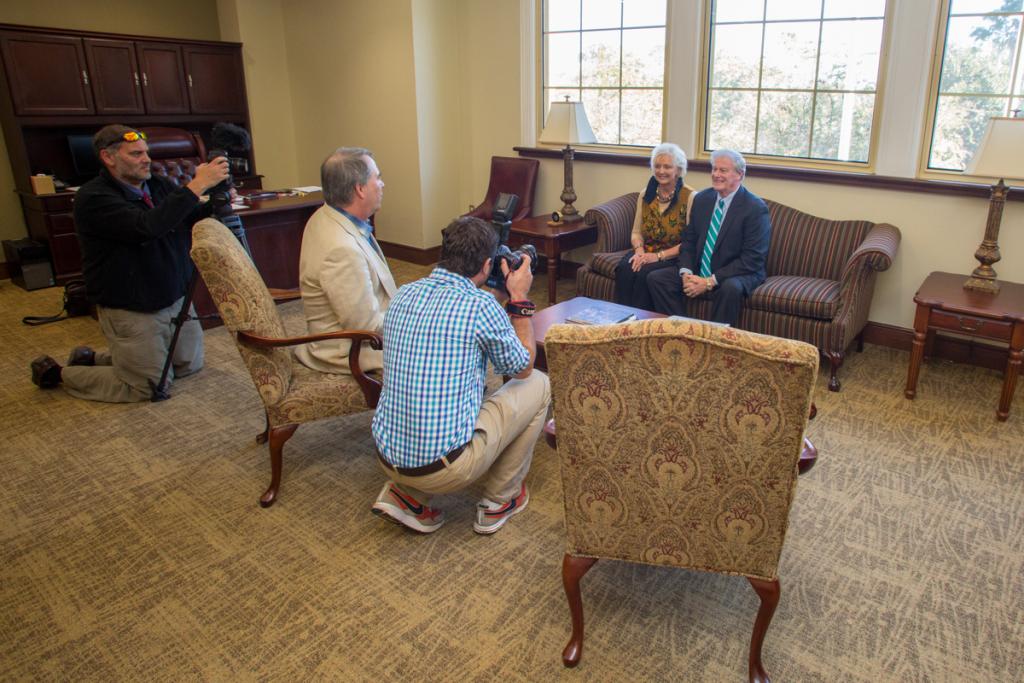 President John Thrasher and FSU First Lady Jean Thrasher meet with reporters during President Thrasher's first day in office Nov. 10, 2014. (FSU Photography Services)