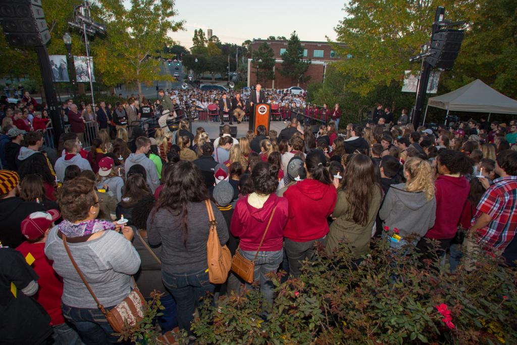 President John Thrasher speaks during a Gathering of Unity event Nov. 20, 2014, after campus shooting earlier that morning. (FSU Photography Services)