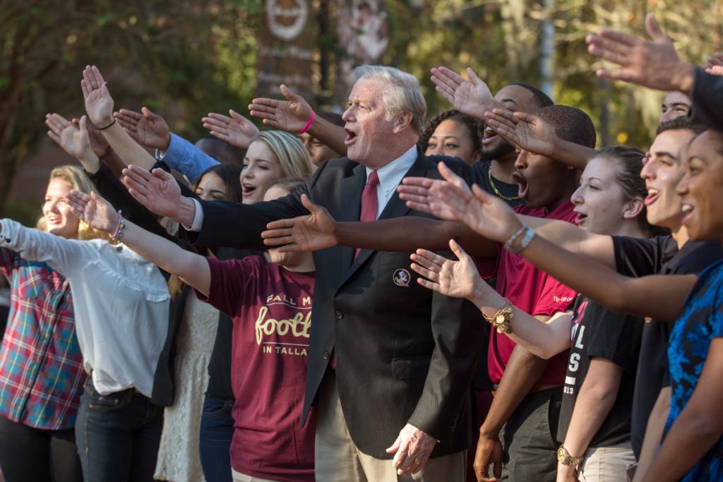 President Thrasher leads students in the Warchant at Westcott Plaza Oct. 30, 2015. (FSU Photography Services)