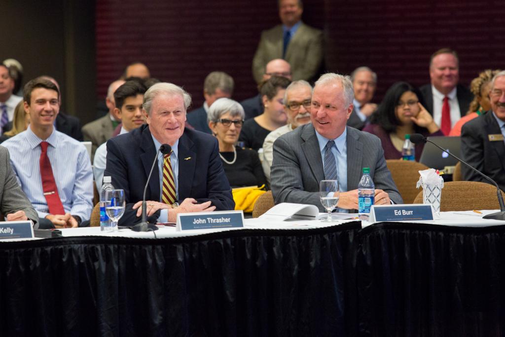 President John Thrasher and Board of Trustees Chair Ed Burr during a Florida Board of Governors meeting hosted at FSU Jan. 21, 2016. (FSU Photography Services)