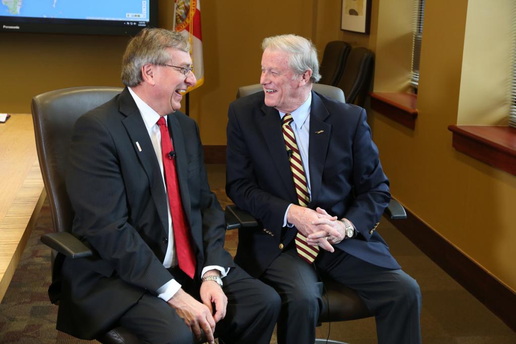 University of Florida Kent Fuchs and FSU President John Thrasher share a laugh before the Florida Board of Governors meeting hosted at FSU Jan. 21, 2016. (FSU Photography Services)