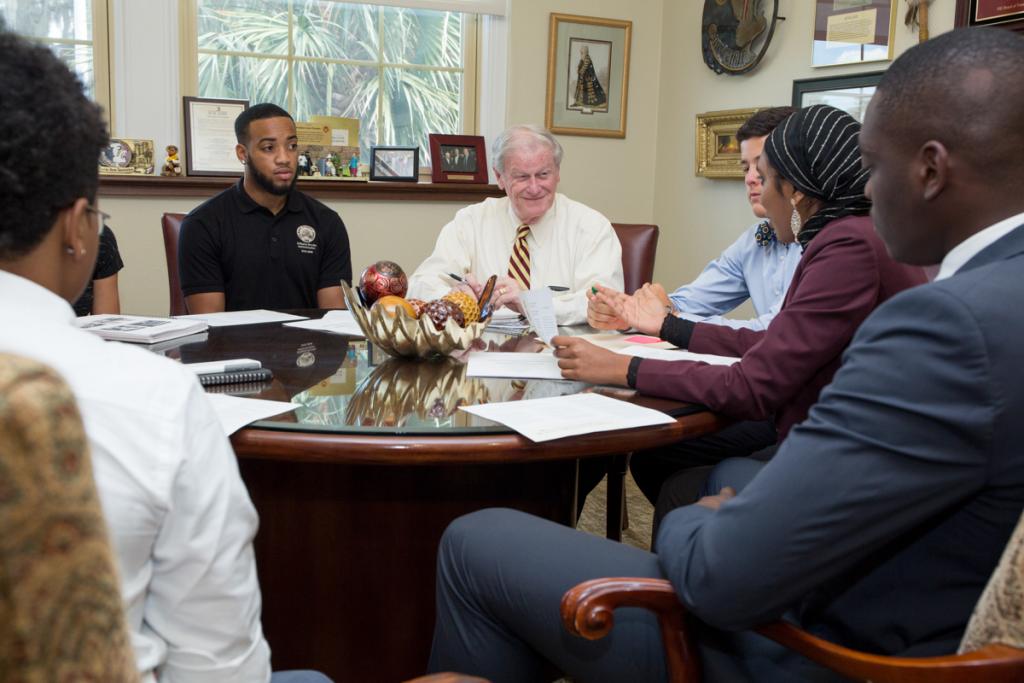 President John Thrasher meets with the Student Diversity & Inclusion Council in his office in the Westcott Building Aug. 29, 2016. (FSU Photography Services)