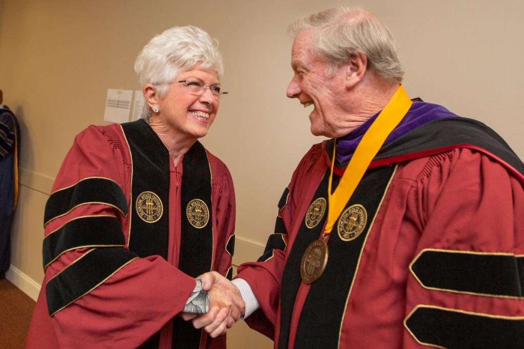Jan Moran and President John Thrasher get ready for spring commencement May 3, 2019. Mrs. Moran greeted the first graduate of the Jim Moran College of Entrepreneurship on the commencement stage later that evening. (FSU Photography Services)
