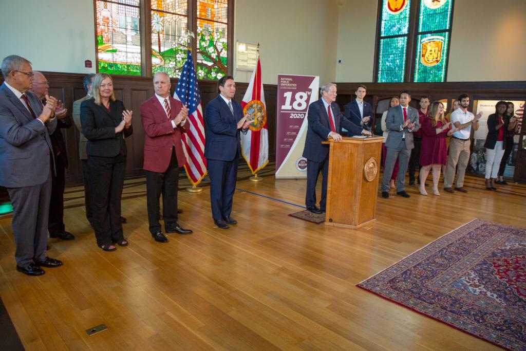 President John Thrasher speaks with media during a news conference celebrating FSU's rise to No. 18 in the U.S. News & World Report rankings at Dodd Hall Sept. 9, 2019. Thrasher was joined by Gov. Ron DeSantis, Chair Ed Burr, Provost Sally McRorie and some of the university's brightest students Sept. 9, 2019 at Dodd Hall. (FSU Photography Services)