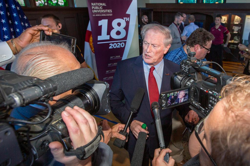President John Thrasher speaks with media following a news conference celebrating FSU's rise to No. 18 in the U.S. News & World Report rankings at Dodd Hall Sept. 9, 2019. (FSU Photography Services)