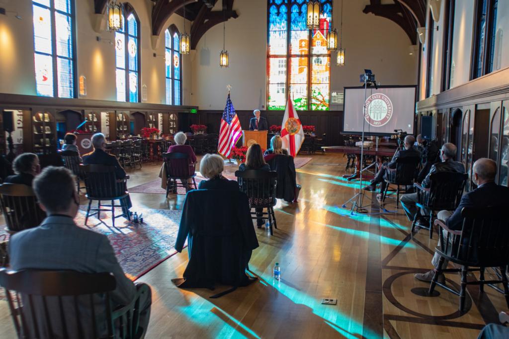 President John Thrasher delivered the address to the Faculty Senate Wednesday, Dec. 2, before a small, socially distanced audience at the Heritage Museum in Dodd Hall. (FSU Photography Services)