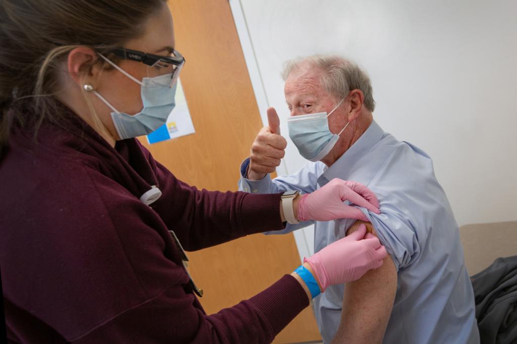President John Thrasher receives his COVID-19 vaccine at University Health Services Jan. 8, 2021. (FSU Photography Services)