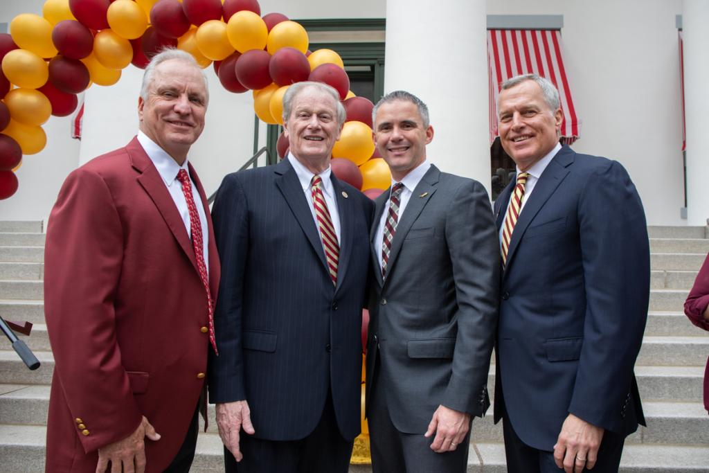 Board of Trustees Chair Ed Burr, President John Thrasher Head Football Coach Mike Norvell and Dan Berger, chair of the FSU Alumni Association National Board of Directors at FSU Day at the Capitol Feb. 12, 2020. (FSU Photography Services)