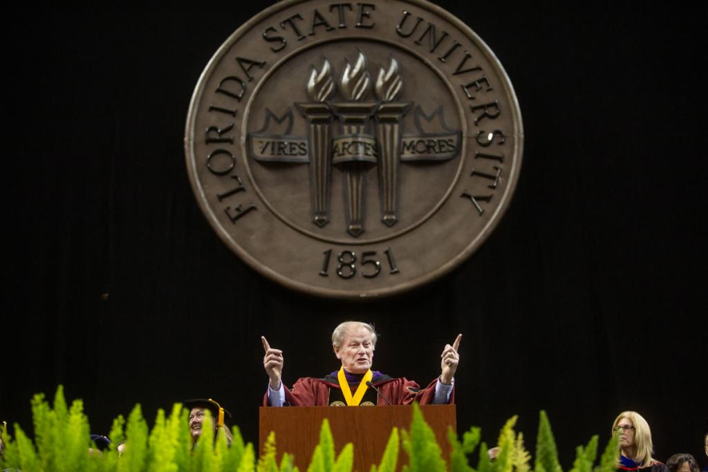 President John Thrasher speaks during New Student Convocation Aug. 25, 2019, at the Donald L. Tucker Civic Center. (FSU Photography Services)